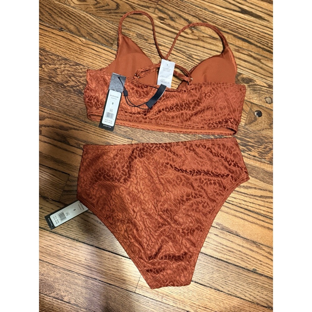 BCBGMAXAZRIA Animal print Longline top High Waist bottom swim Set Rust NWT Sz 8 - Picture 2 of 5